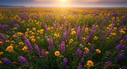 Fototapeta premium A breathtaking sunrise paints a vibrant wildflower meadow with purple lupines and golden wildflowers in soft, warm light.