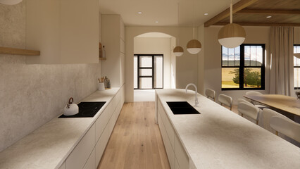 Contemporary kitchen with wooden accents, sleek cabinetry, and bright neutral decor