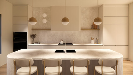 legant modern kitchen with warm tones, simple lines, and functional layout