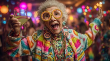 Joyful Senior Woman Celebrating at a Vibrant Party
