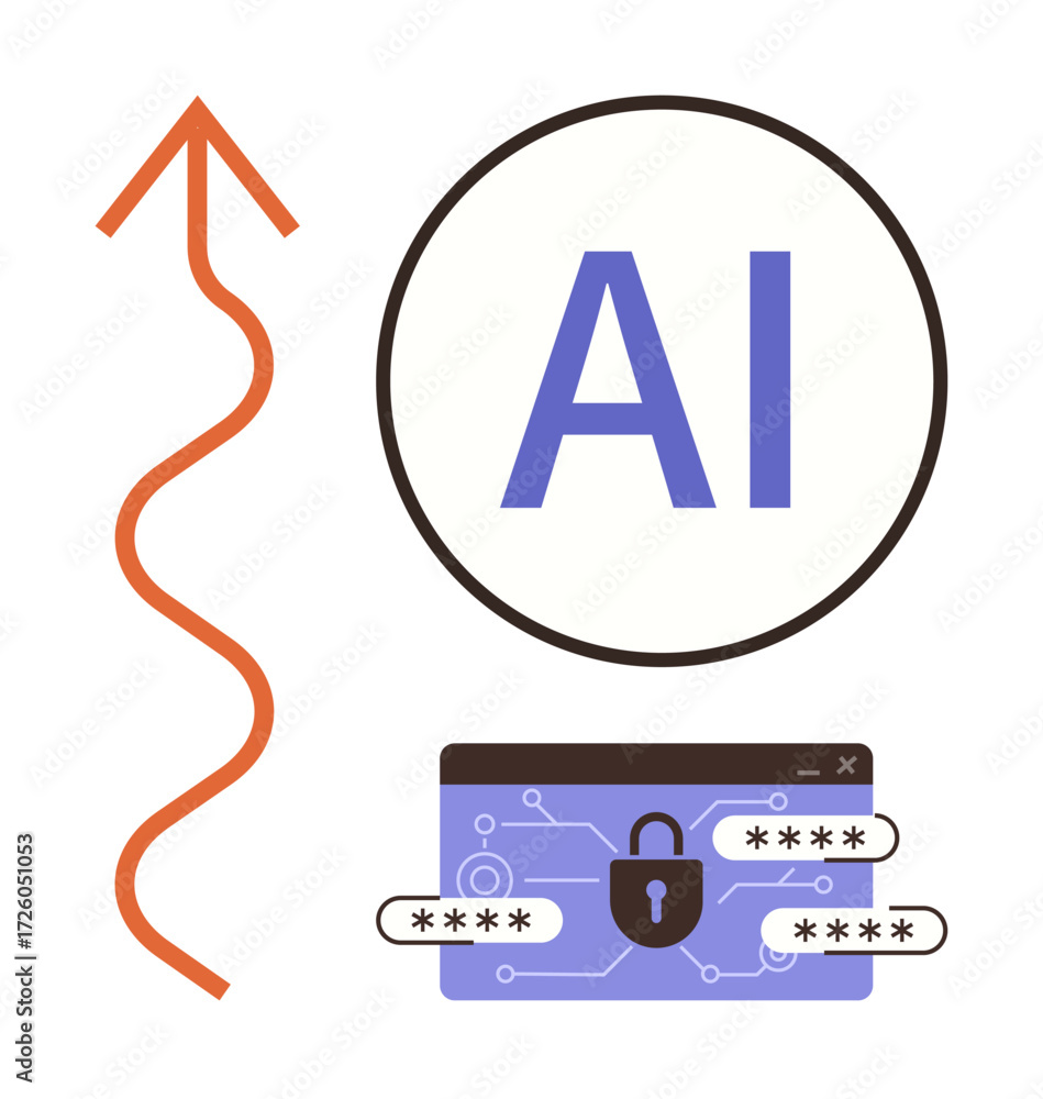 Poster red upward arrow, ai in a circle, and secure browser with password encryption. ideal for technology,