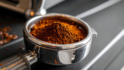 Ground coffee fills a portafilter on a stainless steel espresso machine, ready for tamping and brewing a rich, aromatic shot of espresso.