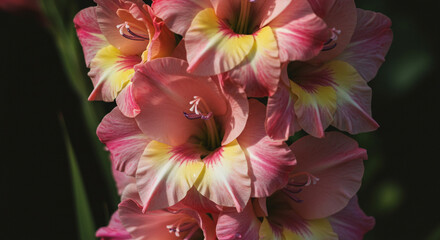 Delicate pink and yellow gladioli bathed in sunlight, a breathtaking floral arrangement showcasing nature's gentle beauty.