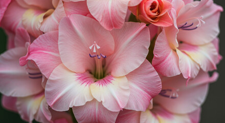 Delicate blush pink gladiolus blossoms, a breathtaking bouquet exuding gentle beauty and soft elegance with a close-up perspective and shallow depth of field.