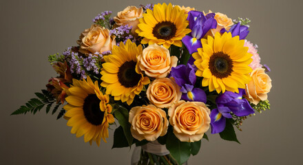 A radiant bouquet of sunflowers and peach roses, accented with vibrant purple irises, exuding warmth and joy, captured in soft, natural light.