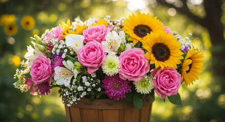 A vibrant summer bouquet bursting with sunflowers, roses, and lilies, a delightful mix of colors and textures in a rustic wooden basket bathed in warm sunlight.