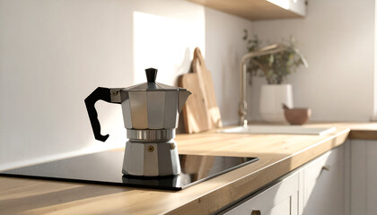 Moka pot sits on a modern induction stove in a bright, minimalist kitchen, ready to brew a delicious cup of coffee on a sunny morning.