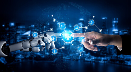 A human hand reaches out to touch a robotic hand, symbolizing the convergence of technology and humanity in a vibrant urban setting with digital elements. Tessel