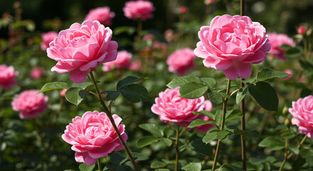 Delicate pink roses blooming in a lush garden bathed in sunlight, showcasing their gentle beauty and vibrant fragrance.