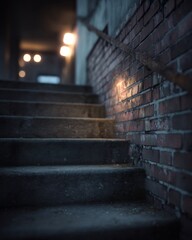 A low angle shot of a staircase with a brick wall and lights in the background creating a moody scene