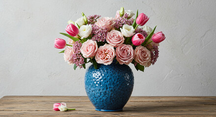 A breathtaking bouquet of blush roses and tulips, a symbol of springtime romance and delicate beauty, nestled in a textured blue vase against a rustic wooden table.