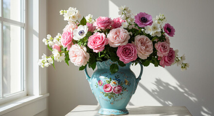 A breathtaking bouquet of pink roses and white anemones, artfully arranged in a charming vintage blue vase, bathed in soft sunlight, creating a serene and elegant scene.