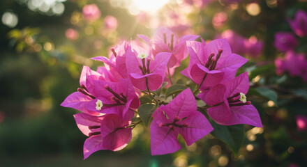 Vibrant bougainvillea blossoms bathed in golden sunlight, a breathtaking display of nature's artistry during a tranquil summer afternoon.