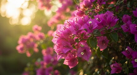Vibrant bougainvillea blossoms bathed in warm golden sunset light, a breathtaking spectacle of nature's beauty.