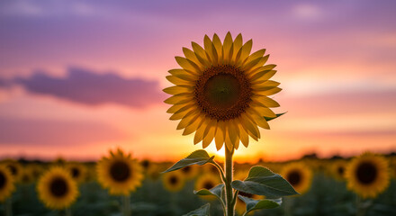 A single sunflower bravely facing the sunset, a vibrant symbol of hope and resilience in a field of dreams under a warm, colorful sky.