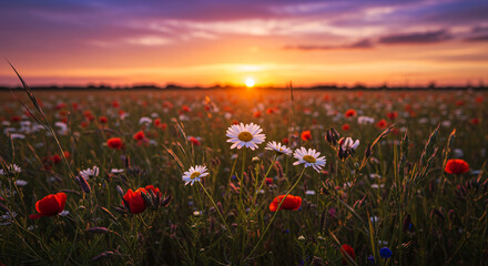 Serene sunset illuminating a vibrant wildflower meadow, daisies and poppies bathed in warm golden light.