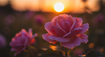 A delicate pink rose bathed in the golden sunset's glow, a symbol of serenity and beauty in a field of softly blurred blooms.