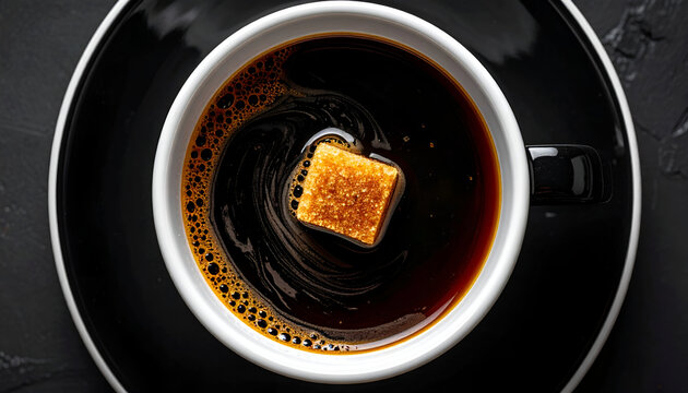 Brown sugar cube dissolving in a cup of black coffee on a dark surface, creating a swirling pattern and rich aroma, symbolizing a moment of indulgence.