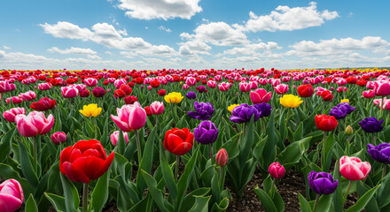 A breathtaking field of vibrant tulips bursting with spring's joyful colors under a bright, sunny sky.