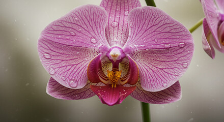 A delicate pink orchid, glistening with morning dew, displays intricate veining and a vibrant heart, a testament to nature's artistry in soft, diffused light.