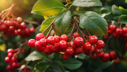 Fototapeta premium A Bunch Of Red Berries On A Bush With Green Leaves