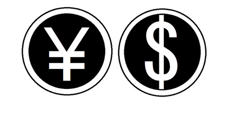 Obraz premium Yen and Dollar Sign Vector Icons – Minimalist Black and White Circles, Modern Design Isolated on Transparent Background PNG