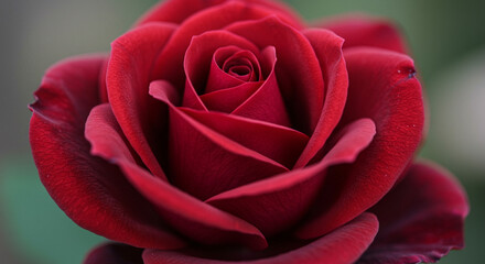 A velvet red rose, unfurling its heart in passionate beauty, a symbol of enduring love and deep romance with a soft-focus background.