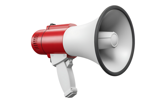 Amplify your message with this vibrant red and white megaphone, perfect for announcements, promotions, and powerful communication in any campaign - Powered by Adobe