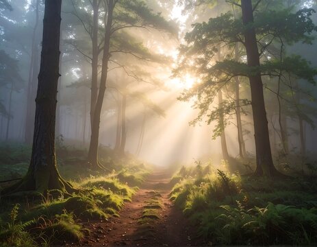 Sunlight streams through a misty forest path (1) - Powered by Adobe