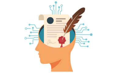 Digital contract concept with quill pen inside head, modern technology meets traditional agreement, future of law and intellectual property concept, innovation
