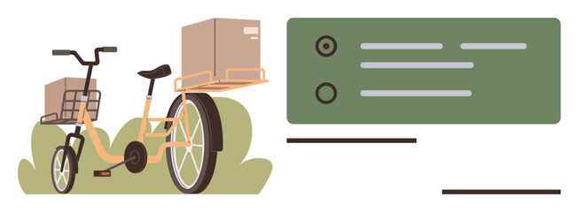 Cargo bike carrying boxes in rear and front baskets alongside checklist with green background. Ideal for delivery service, eco-transportation, order tracking, logistics, scheduling, sustainability