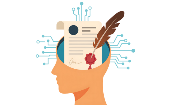 Digital contract concept with quill pen inside head, modern technology meets traditional agreement, future of law and intellectual property concept, innovation