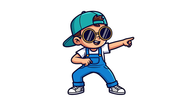 Adorable cartoon kid with sunglasses and backwards cap pointing the way forward, perfect for children's books, educational materials, and fun designs