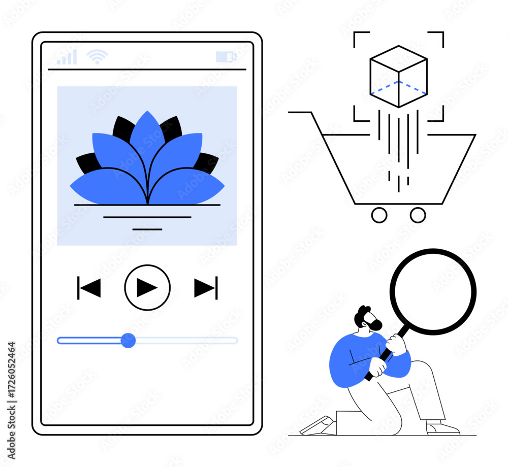 Poster smartphone with multimedia player, 3d object scanning into shopping cart, and person analyzing data.