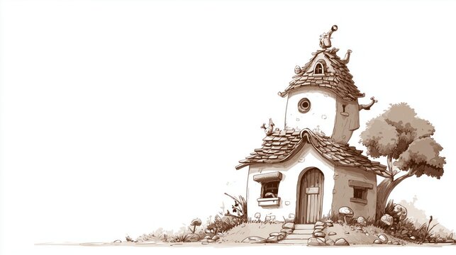 Innovation and Growth concept shown by a whimsical, surreal black and white tilted house with textured surfaces