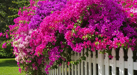 A vibrant bougainvillea explosion overflowing a white picket fence, showcasing a breathtaking summer bloom in radiant pink and purple hues.