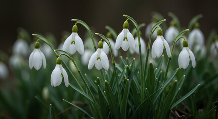 Delicate snowdrop blossoms heralding the arrival of spring, a cluster of pristine white flowers showcasing nature's gentle beauty in soft focus.