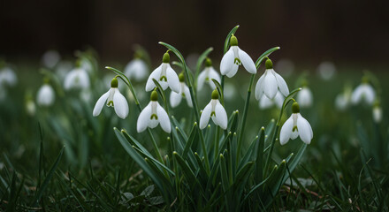 Delicate snowdrops emerge, whispering spring's arrival in a field of soft green, bathed in gentle light.