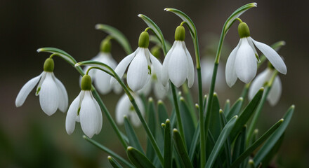 Delicate snowdrops bowing their heads in a serene springtime cluster, showcasing their pristine white petals and vibrant green stems against a softly blurred background.