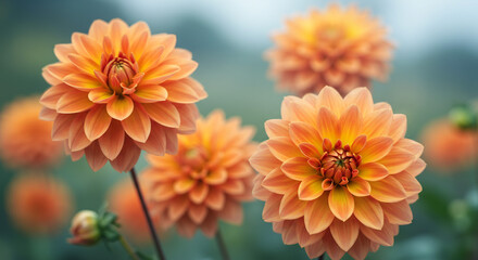 Peach dahlia blossoms in a serene garden, bathed in soft light, a tranquil autumnal scene.