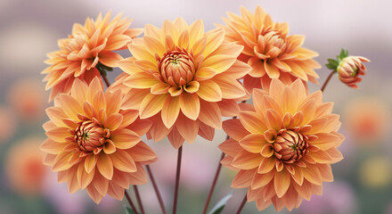 A cluster of delicate peach dahlias blooming in soft, natural light, their petals unfurling in a gentle summer breeze, showcasing exquisite beauty.