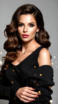 Elegant brunette woman with long wavy hair, classic makeup, jewelry, and a dark dress poses in a studio with bokeh lights.