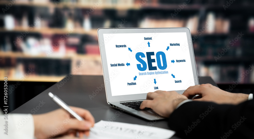Poster seo search engine optimization for brisk e-commerce and online retail business showing on computer s