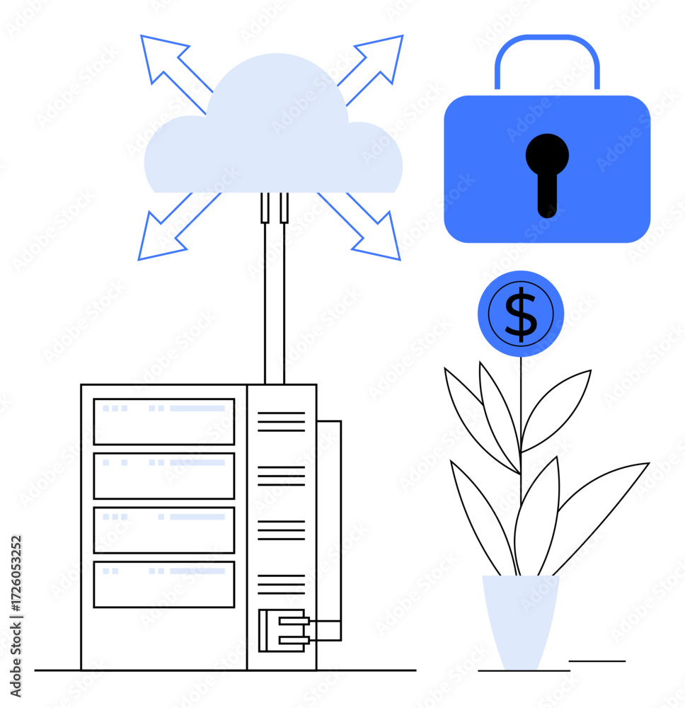 Poster data server connected to cloud, arrows symbolizing data flow, padlock for security, dollar-sign plan