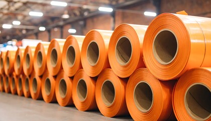Stacks of orange rolled material in a warehouse