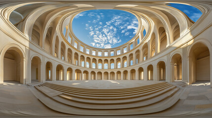 Panoramic view of surreal architectural courtyard with arches, columns, staircases and open sky dome.