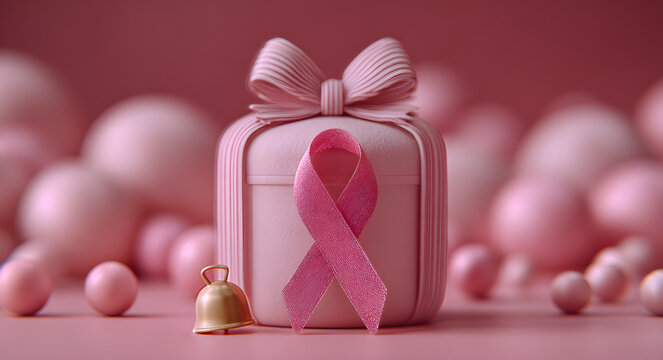 Breast cancer awareness ribbon with gift box bell notification decoration background, copy space text, 3d rendering illustration