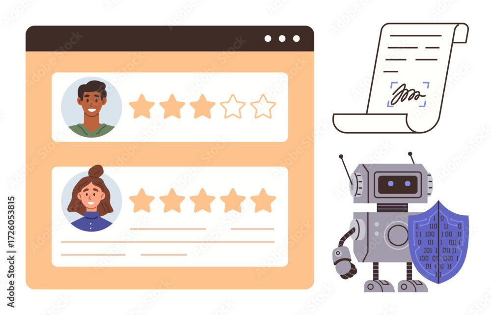Poster user profiles with star ratings alongside a signed digital document, and a robot with a shield symbo