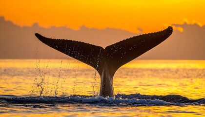Fototapeta premium Dramatic image of a whale's tail emerging from the water during sunrise or sunset, against a vibrant orange sky