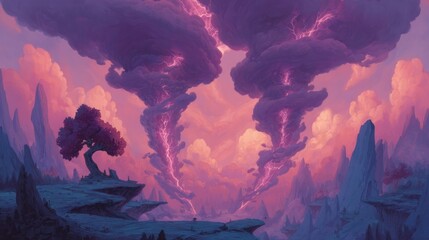 A vibrant, otherworldly landscape showcases dramatic, purple lightning storms amidst a serene, sunset-hued sky, featuring a solitary tree on a rocky outcrop.